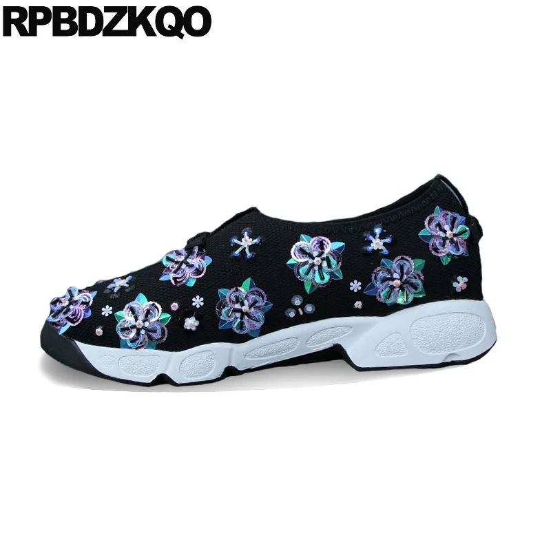 

Embroidery Women Flower Ladies Beautiful Flats Shoes Diamond Trainers Black Embroidered Mesh Wedge Sneakers Floral High Quality