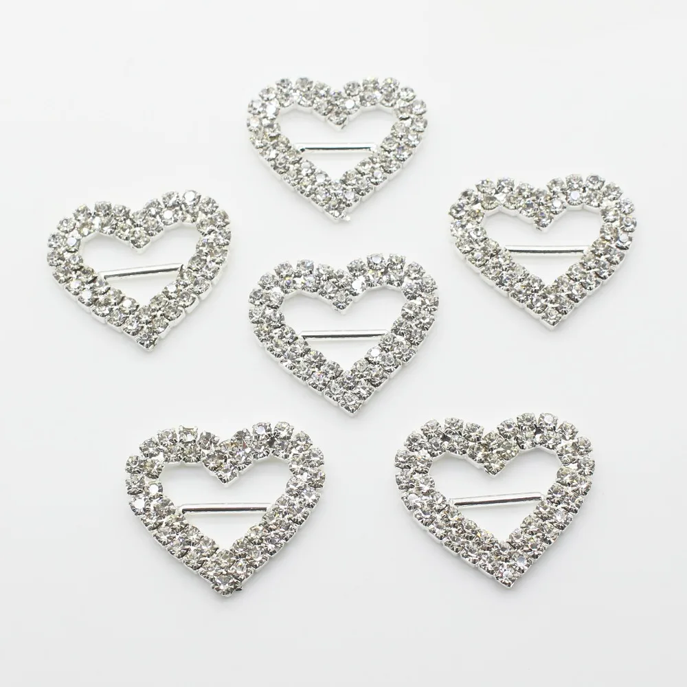 New! 50pc/lot 24*26mm Double row heart Rhinestone Buckle Slider For Diy Crystal Wedding Decorative Invitation Letter Accessories