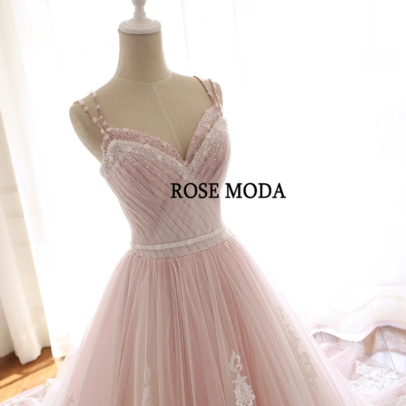 Abito da sposa in pizzo rosa rosa polveroso con scollo a V splendido rosa Moda con foto reali fusciacca