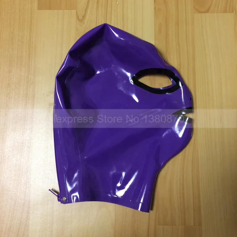 Purple and Black Women Men Latex Rubber Hood Cosplay Mask for Party with Back Zip Customize Service Handmade S-LM068