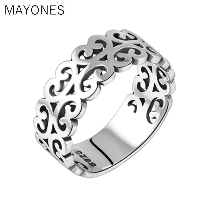 

MAYONES S925 Thai Silver Vintage Ring Women's Simple Hollow out Carved Ring Gift