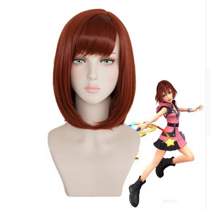 

New Halloween Costume Kingdom Hearts Kairi Auburn Short Bob Styled Synthetic Cosplay Wig Women Role Play Hair + Wig Cap
