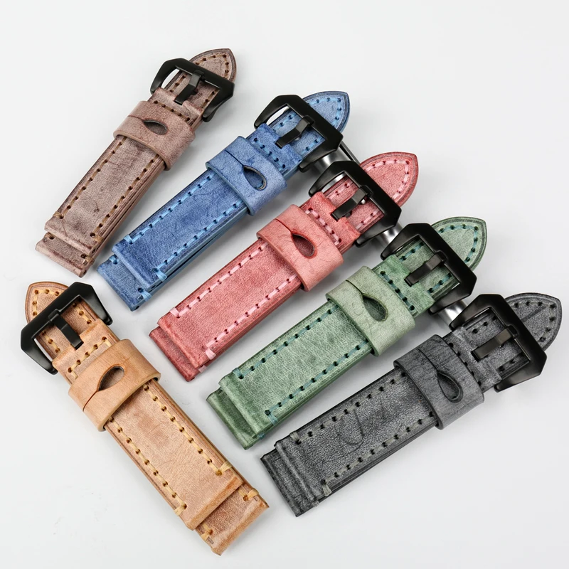 MAIKES Handmade Quality Vintage Bridle Leather Watch Strap 22mm 24mm Watch Accessories Watchband 6 Color Available Watch Band