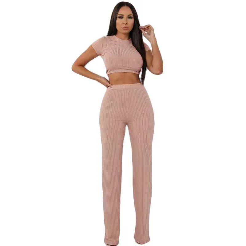 Women knitted long sleeve o-neck crop top wide leg pants 2 piece set for female women tops pants two pieces sets women\'s suits