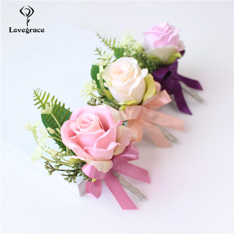 Lovegrace الأحمر أفضل رجل الصدار ل العريس وصيف وردة من الحرير الزفاف دعوى Boutonnieres اكسسوارات دبوس بروش الديكور