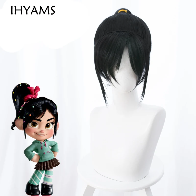 Ralph Breaks the Internet Cosplay peluca Vanellope von Schweetz peluca negra Halloween Cosplay Prop + gorro de peluca