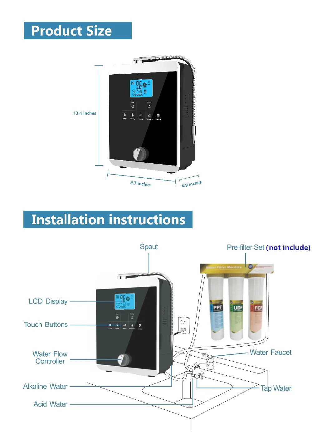 Máquina ionizadora de agua de alta calidad, produce ácido 3-11.0 pH alcalino, hasta-800MV, ORP, filtro de agua táctil LCD de limpieza automática