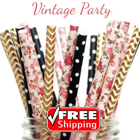 150 Pcs Mixed 3 Designs VINTAGE PARTY Themed Paper Straws-Black,Gold Foil,Pink,Colorful,Swiss Dot,Chevron,Flower,Floral-Wedding