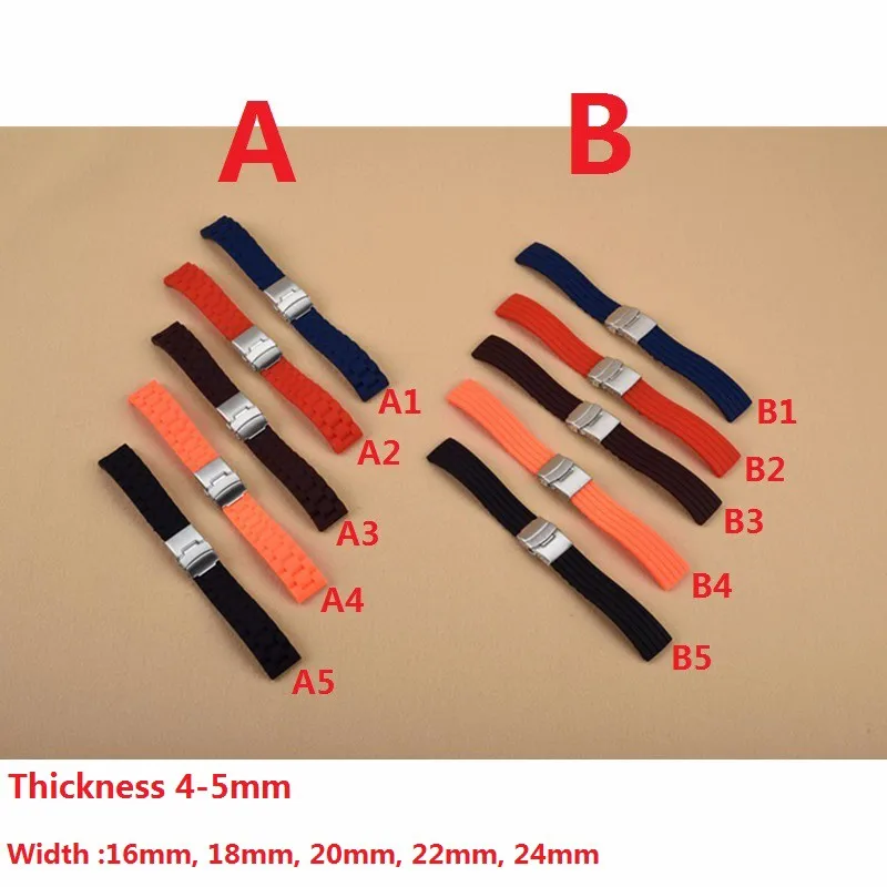 16mm 18mm 20mm 22mm 24mm 26mm Silicone Rubber Diver Silicone Arc Watch Strap With Folding Stainless Steel Clasp Buckle DIY Strap