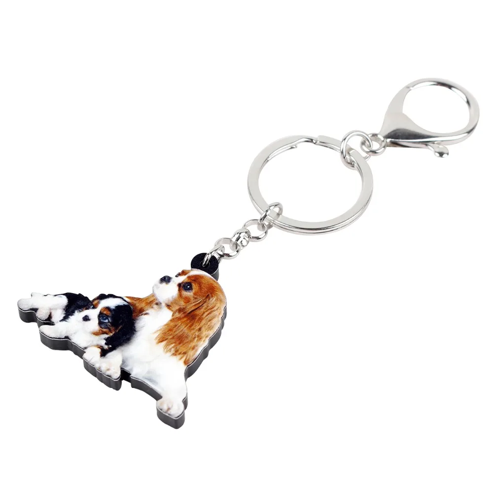 WEVENI Acrylic Cute Double Cavalier King Charles Spaniel Dog Key Chains Keychains Rings Bag Car Charms Jewelry For Women Girls