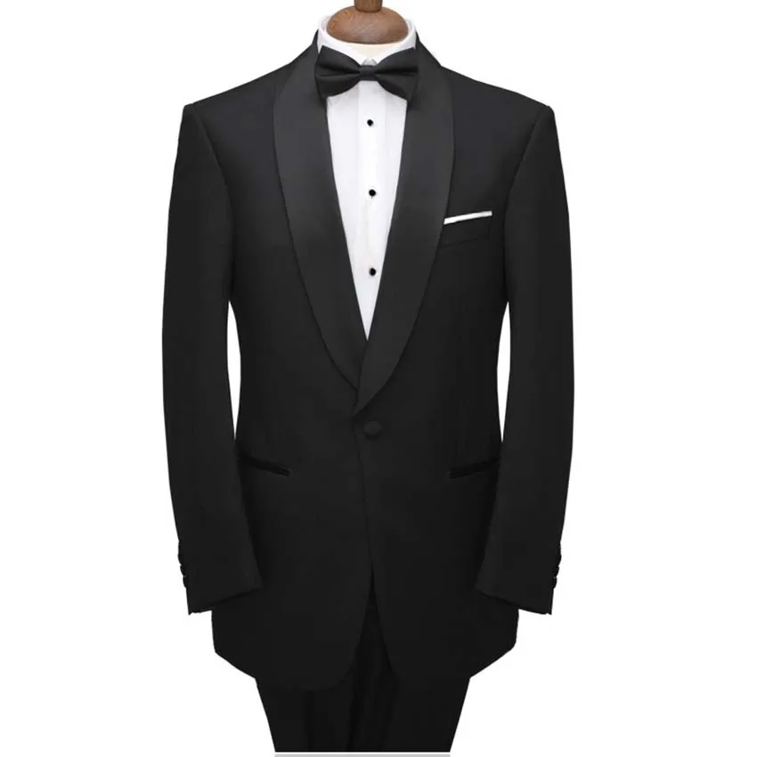 Classic Black Wedding Tuxedo Suit With Black Satin Shawl Lapel For Groomsmen,Custom Made Suit Wedding Tailored Tuxedos For Men