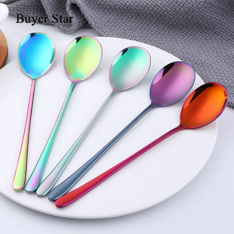 Buyer Star Colorful Coffee Spoon 304 Stainless Steel Long Handle 5 Color Korean Mixing Spoons Set Dessert Long Ice Kitchen Scoop