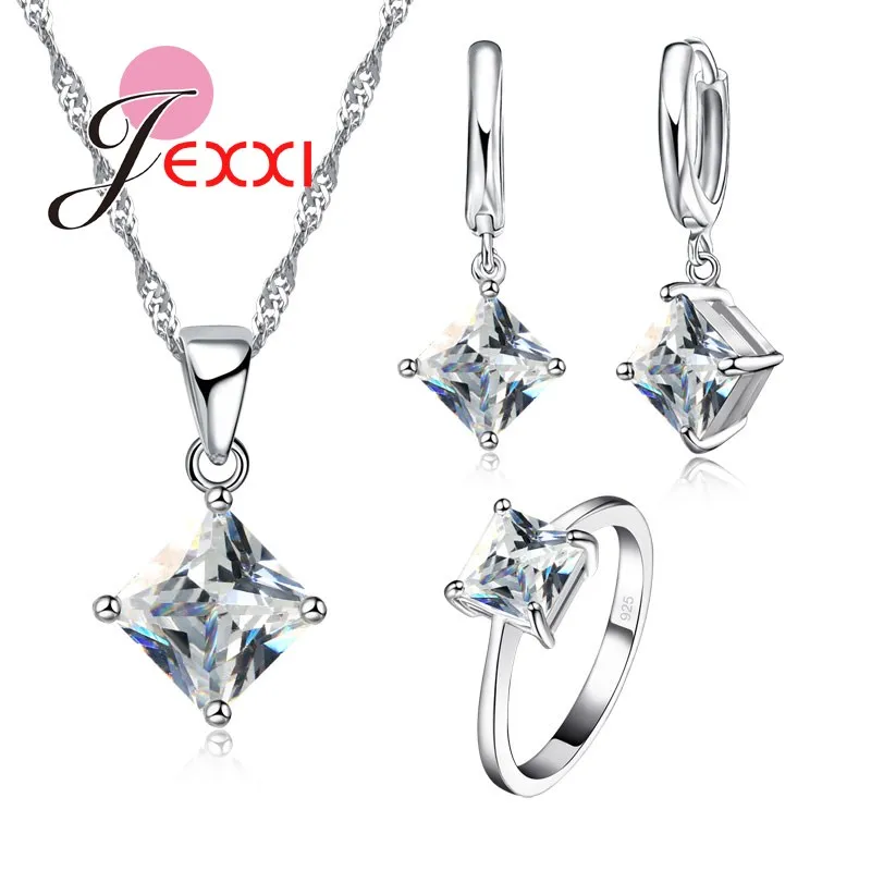 Hot Sale 925 Sterling Silver Color CZ Crystal Necklace Earrings Ring Jewelry Set Factory Price Wedding Bridal Accessories