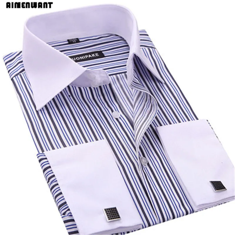 2023 Spring Business Shirt Mens Long Sleeve Slim Fit French Cuff Shirts Luxury Formal Checked Tees For Gifts Free Shipping