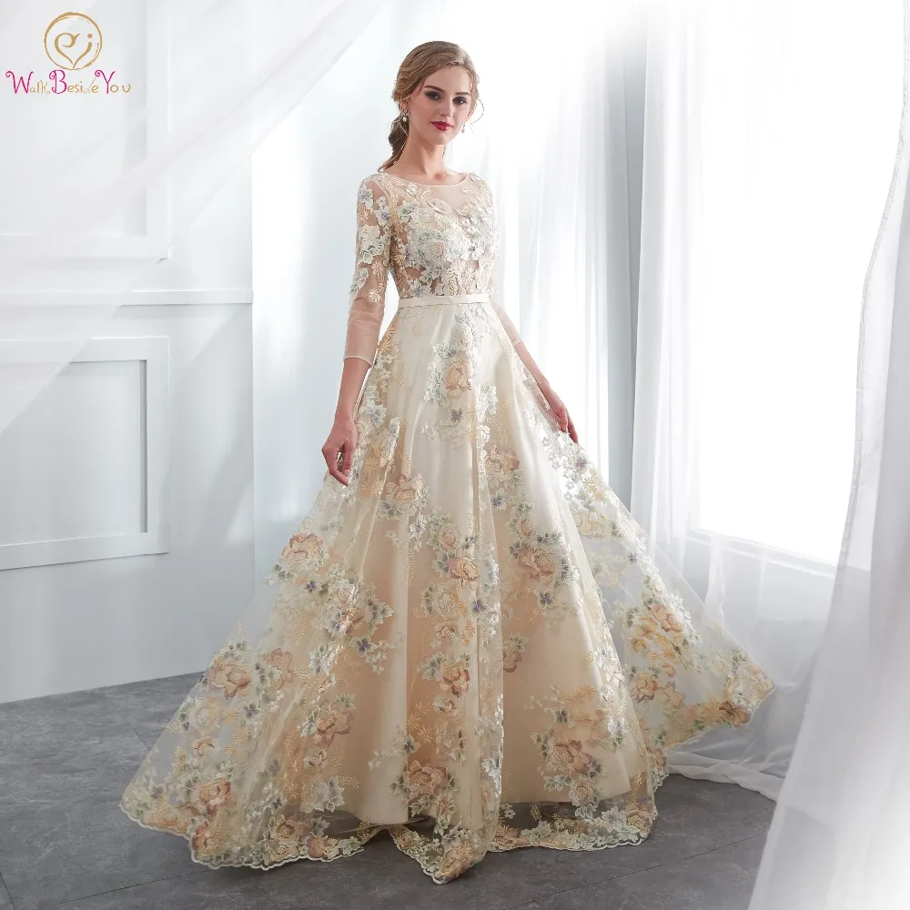 Robe de Bal à Fleurs en Dentelle à Côté de Vous, Manches 3/4, Coupe Trapèze, Champagne, Ceinture, Taille Compensée, Longue, Tenue de Soirée