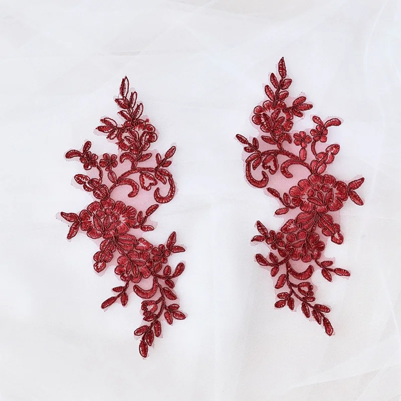 Embroidered Lace Applique Lace Trim For DIY Wedding Dress Off white/ Red / Off white with silver Color 4Pcs/2Pairs 24.5*9.5cm