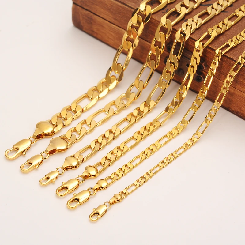 Mens women\'s Solid Gold GF 3 4 5 6 7 9 10 mm Width Select Italian Figaro Link Chain Necklace bracelet Fashion Jewelry wholesale