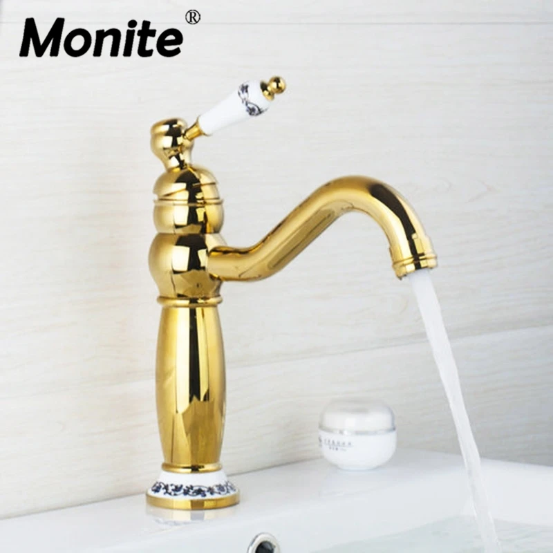 

Monite Bathroom Faucet Polished Golden Swivel 360 Deck Mounted Single Handle Sink Torneira Cozinha Faucet Mixers &Taps