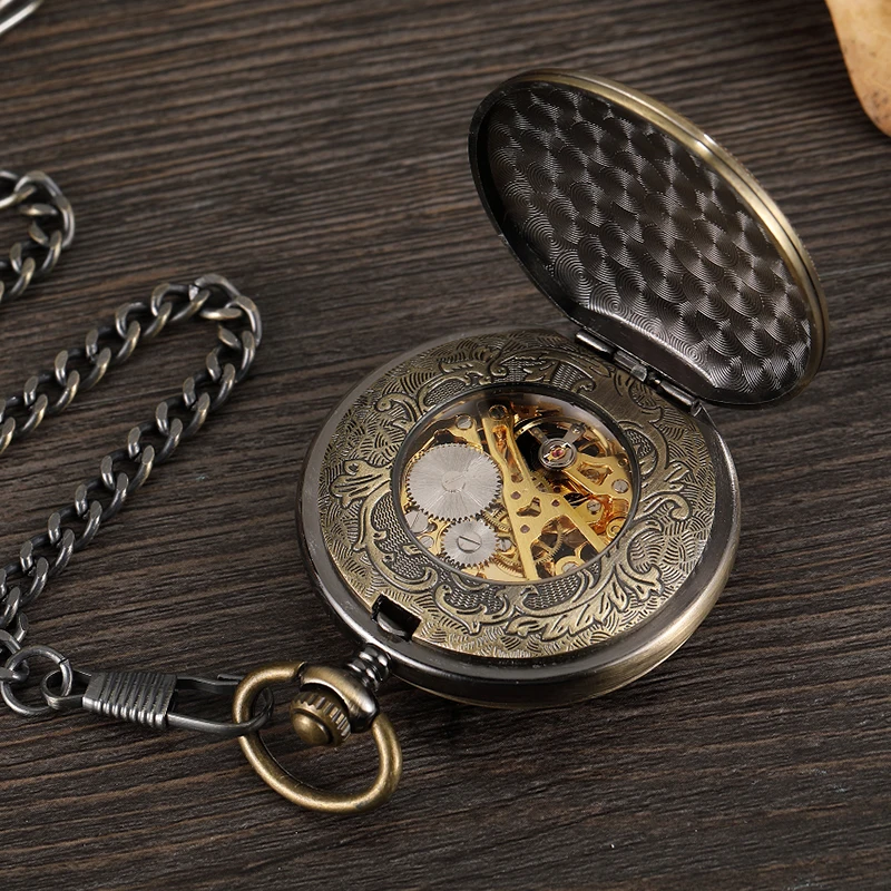 Flip Opening Klok Mechanische Zakhorloge Bronzen Romeinse Cijfers Vintage Holle Steampunk Fob Horloge Met Fob Ketting Vrouwen Gift