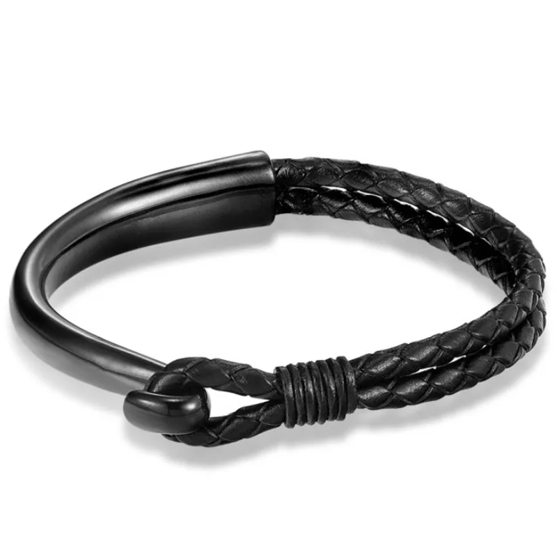Fashion 21cm Stainless Steel Woven Black Braid Cuff Genuine Leather Bracelets & Anchor Bracelet Men Jewelry Summer Gift Pulseira