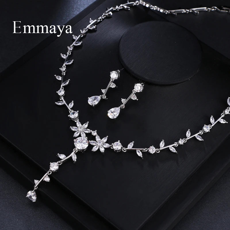 Emmaya Brand Cute Charm Plant AAA Cubic Zircon Adjustable Crystal Earrings Necklace Set For Women Popular Bride Jewelry Gift