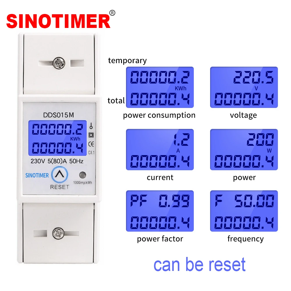 DIN Rail 5-80A 230V AC 50Hz Single Phase Wattmeter Power Consumption Watt Electric Energy Meter kWh with Reset Function