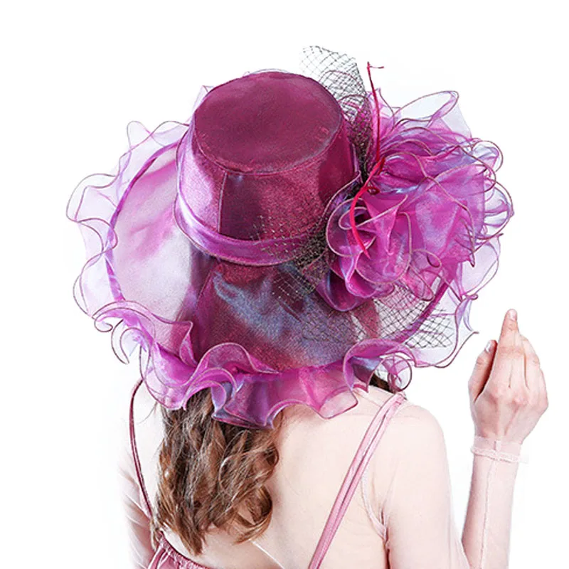 FS 2024 Fashion Summer Organza Kentucky Derby Hats For Women Elegant Ladies Wide Large Brim Church Wedding Hat With Big Flower