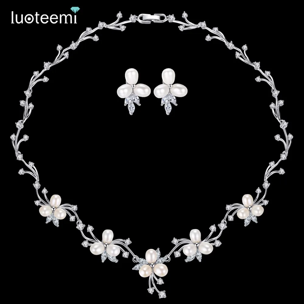 

LUOTEEMI Luxury Freshwater Pearl Bridal Flower Clear CZ Crystal Necklace Earrings Set For Women Anniversary Jewelry