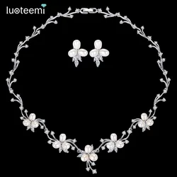 LUOTEEMI Luxury Freshwater Pearl Bridal Flower Clear CZ Crystal Necklace Earrings Set For Women Anniversary Jewelry