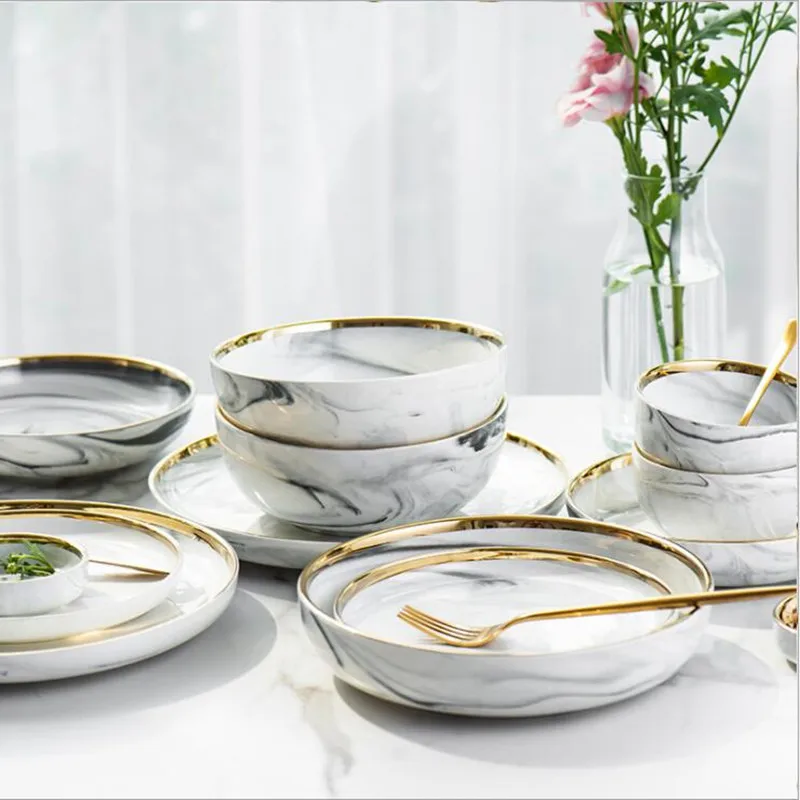 Gold Marble Ceramic Food Tray Kitchen Dinner Plates Dishes Rice Salad Noodles Soup Bowl Spoons Kitchen Cook Tool