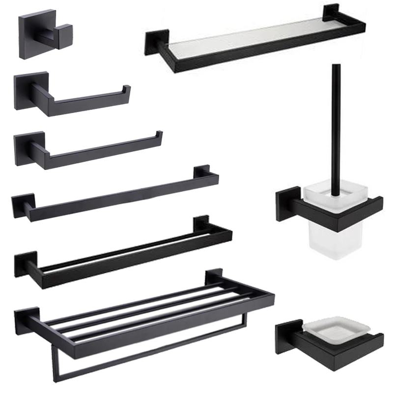 AODEYI Black SUS 304 Stainless Steel Bath Hardware Set Brush Holder Paper Holder Towel Bar Shelf Soap Dish Robe Hook