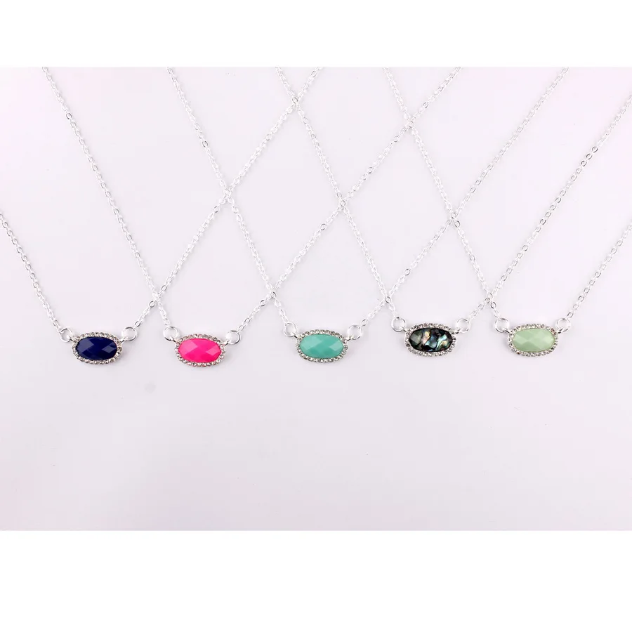 Fashion Trendy Women Jewelry Pave Crystals Oval Abalone Shell Resin Stone Short Chain Chokers Pendants Statement Necklaces