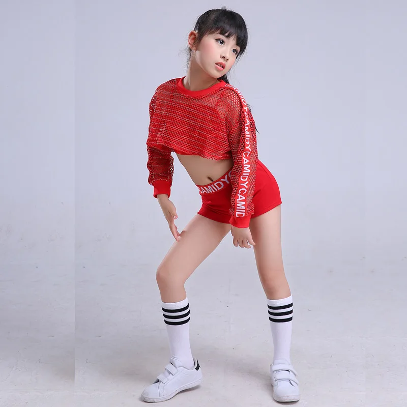 Girls Red Cool Ballroom Jazz Hip Hop Dance Costume stage dance wear Tank Tops Shorts Net Blouse for Kid Dancing Clothes Outfit