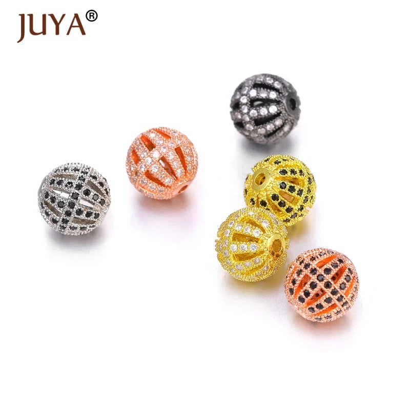 4pcs Wholesale Jewelry lots Spacer Beads Accessories DIY Bracelets 10mm Round Hollow Ball Beads copper metal Inlay CZ rhinestone