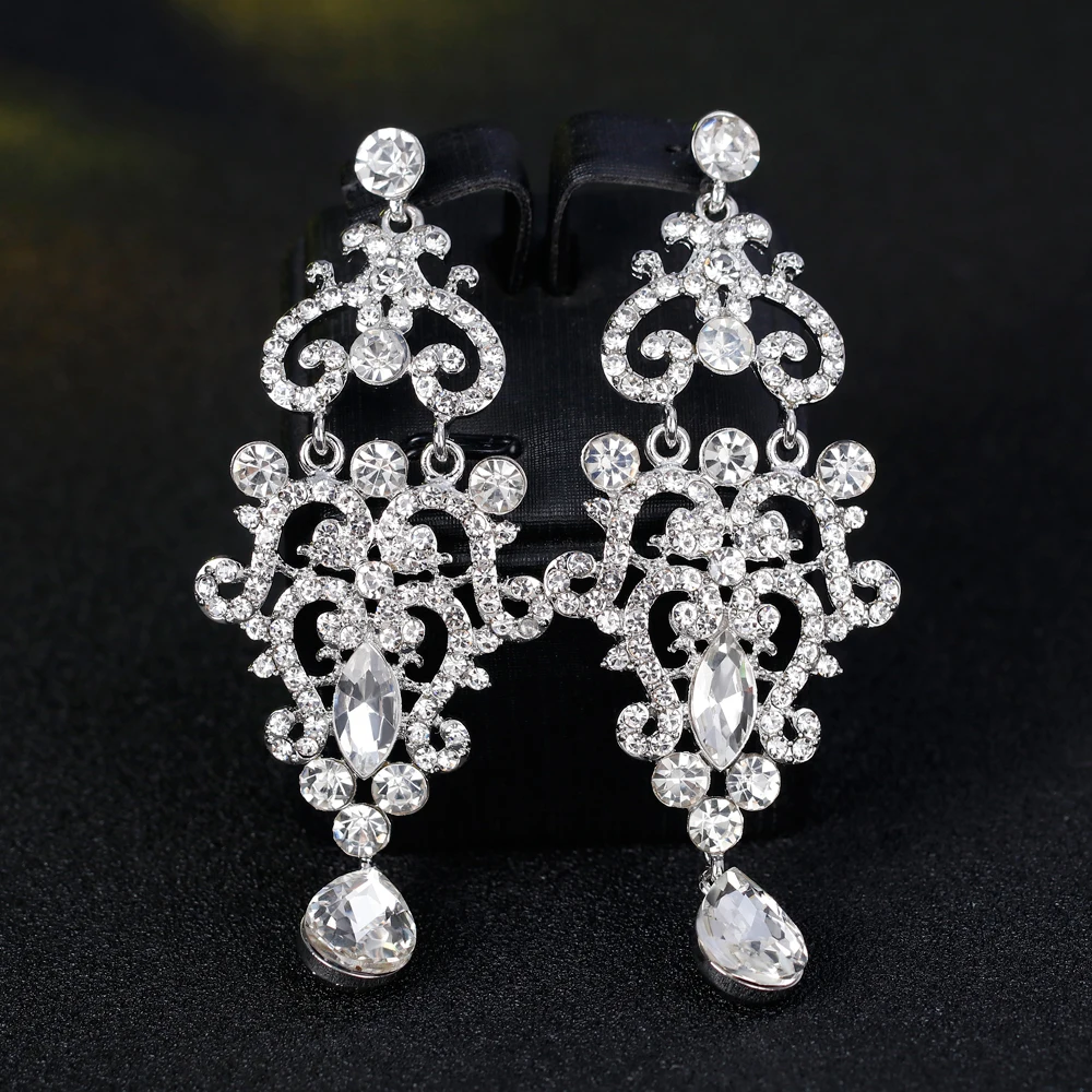 TREAZY Silver Color Crystal Chandelier Long Earrings For Women Bridal Dangle Drop Earrings Wedding Engagement Jewelry Gifts