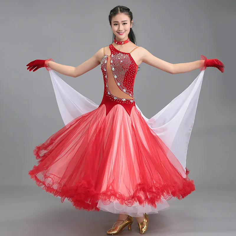 Modern dance dress frills bottom hem velvet clothing Costume tank shoulder rhinestones decoration