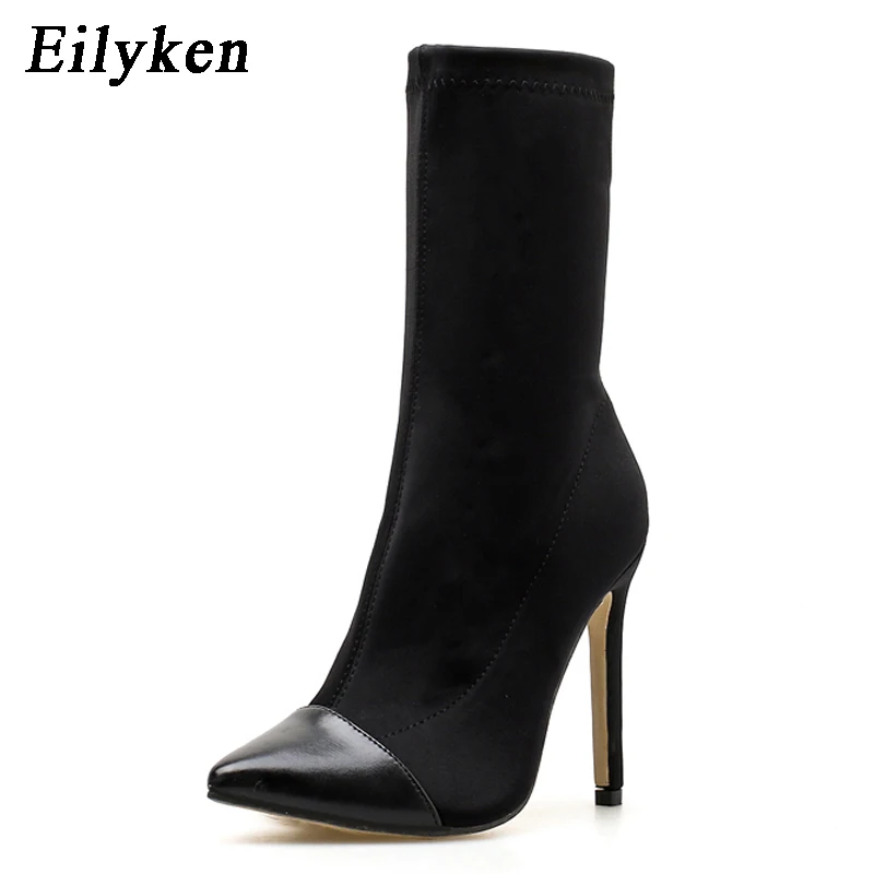 Eilyken Stretch Fabric Short Ankle Boots Women Pointed Toe High Heels Slip On Sexy Sock Zapatillas Mujer