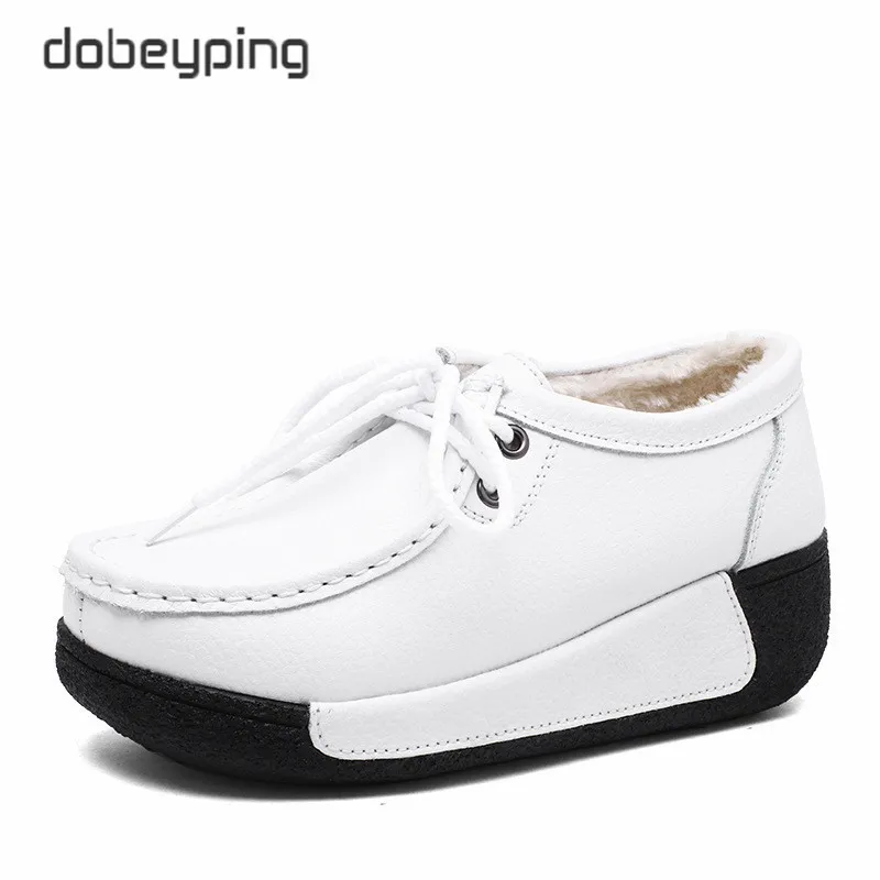 dobeyping New Genuine Leather Woman Winter Shoes Casual Flat Platform Women Shoe Plush Women\'s Loafers Slip-On Female Sneakers