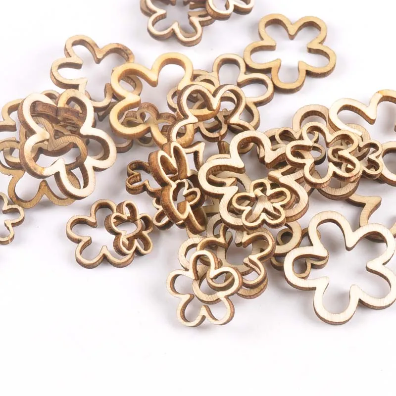 50pcs 15-30mm Hollow Flower Shape Wood For Scrapbooking Handmade DIY Carfts Wooden Embellishment Home Decor Orname m2179