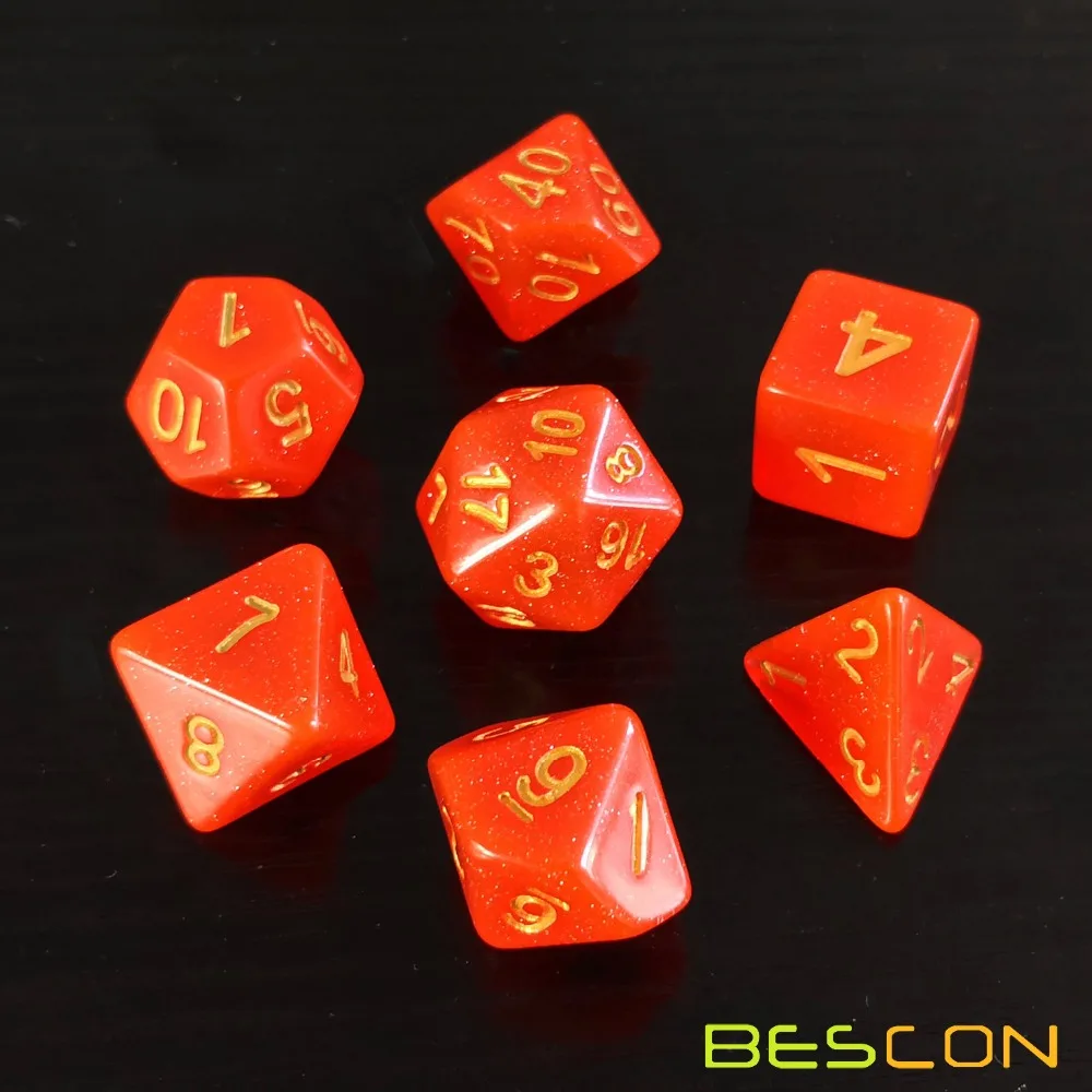 Bescon Intensive Glitter DND Dice 7pcs Set ROYAL RED, New Glitter RPG Dice Set d4 d6 d8 d10 d12 d20 d%, Brick Box Packaging