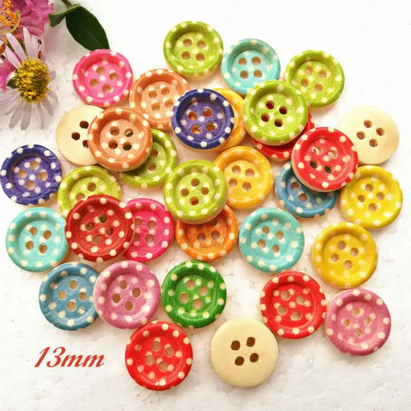 100pcs / 72pcs 15mm / 13mm / 11mm 4 holes mixed color Polka dot wood decorative buttons kid\'s scrapbook craft sewing supplies