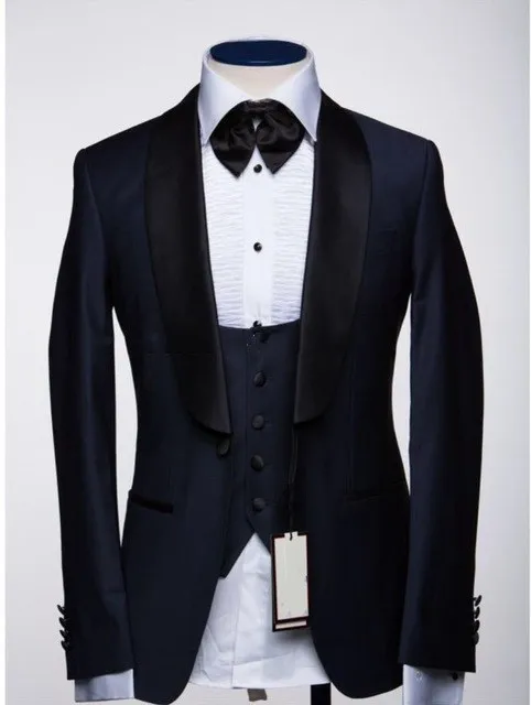 

New Design One Button Navy Blue Groom Tuxedos Shawl Lapel Groomsmen Mens Wedding Prom Suits (Jacket+Pants+Vest+Tie) NO:182