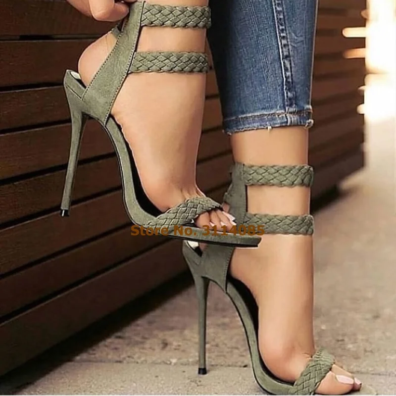 

Ladies Newest Hot Selling Army Green Beige Bradied High Heel Sandals Lace-up Suede Plaited Stiletto Heels Strap Shoes Dress Pump