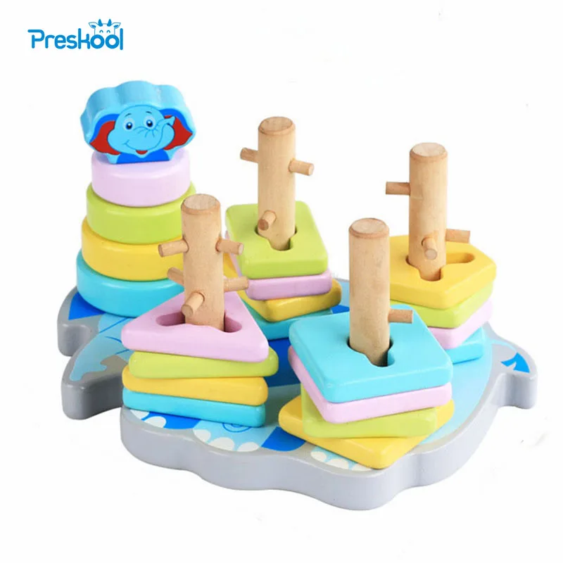 

Preskool Wood Blocks 5 Pillars Color Shape Matching Education Toy For Children Cartoon Elephant Shape Toys