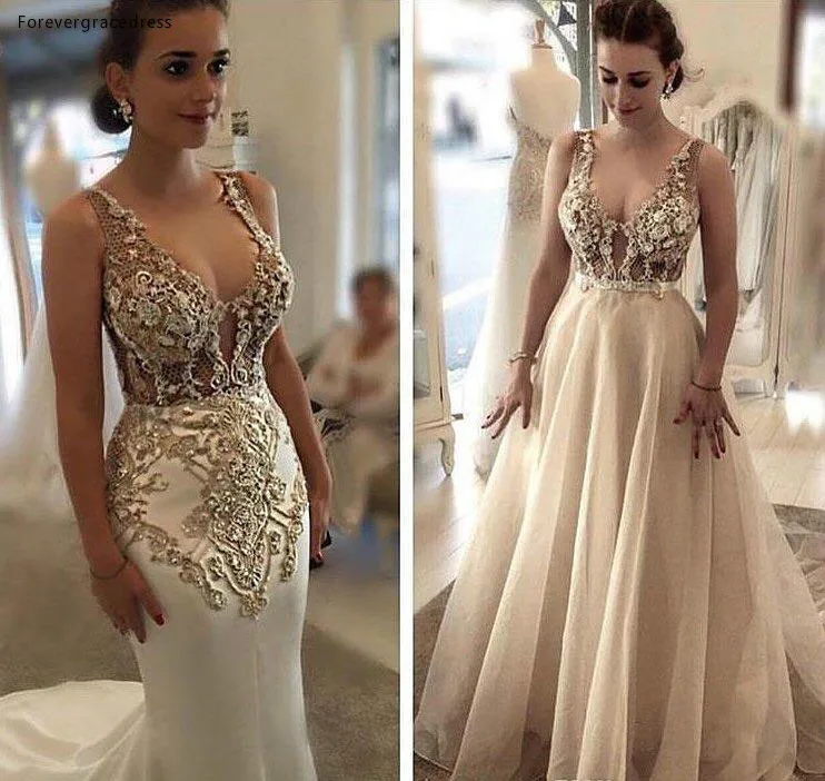 Nova chegada sereia com decote em v vestido de casamento apliques ver através do topo jardim país igreja noiva vestido de noiva feito sob encomenda mais tamanho