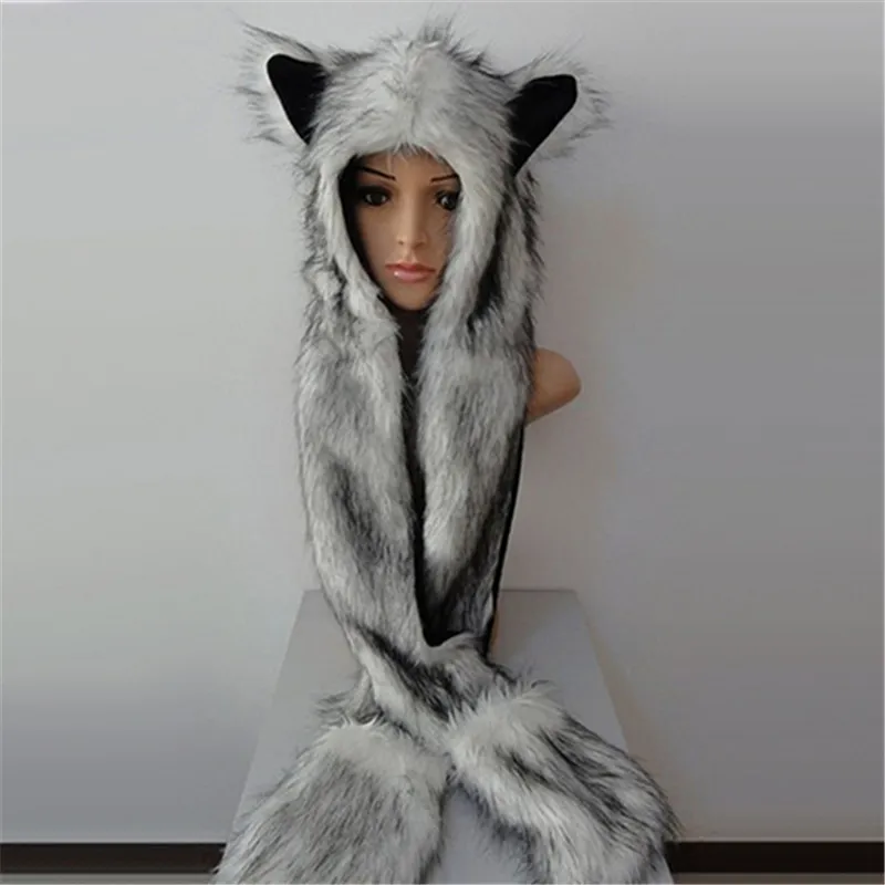 Women Fashion Wolf Ears Paws Faux Fur 3 in 1 women\'s  Hat Scarf Mittens Winter Warm Cap Wolf Hat