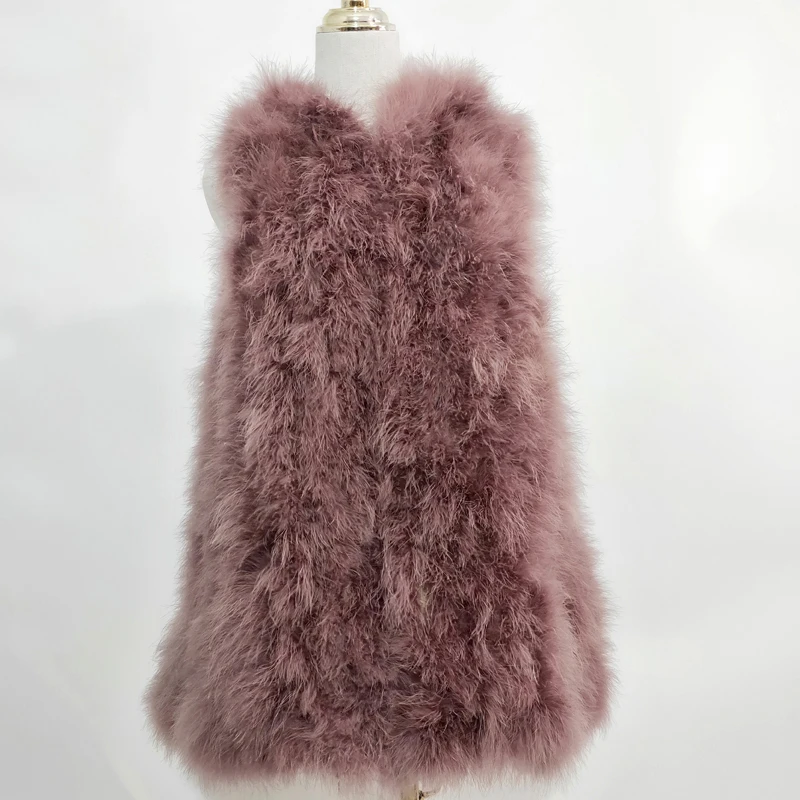 New ostrich hair vest 70 cm long plus hat small fresh 100% turkey feather vest real fur coat Encrypted hand weaving