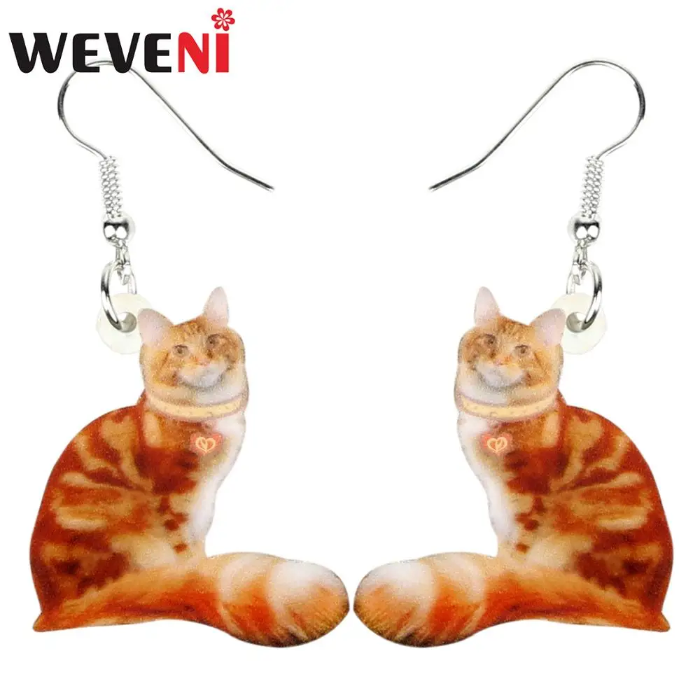 WEVENI Acrylic Orang Sitting Cat Earrings Women Fashion Animal Jewelry For Female Girls Ladies Teens Kids Charms Lots Gift