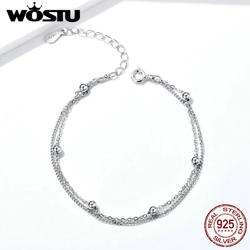 WOSTU New Design Parallel Chains With Silver Bead Bracelets 925 Sterling Silver For Women Chain Link Silver 925 Jewelry FIB131