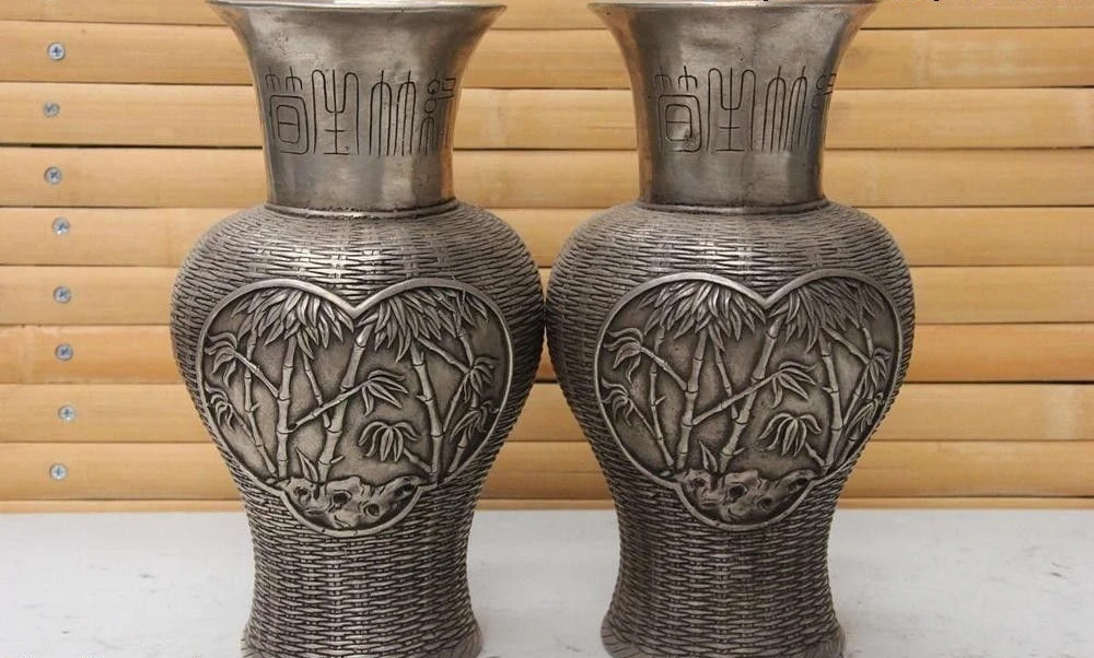 Chinese White Copper Silver Bamboo Plum Blossom Basketry pattern Bottle Vase Pot